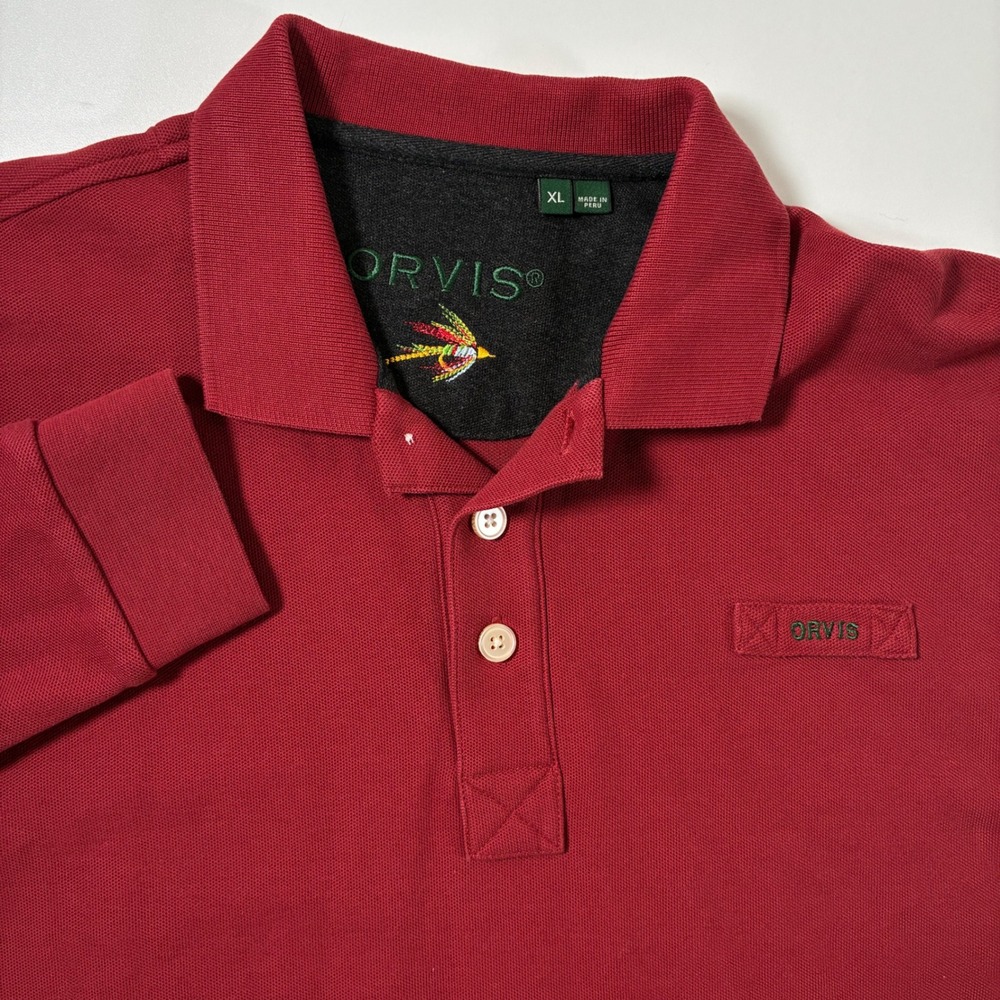 Vintage Orvis Long Sleeve Polo Shirt XL Red Pique Cotton Rugby‎ Thick 90s Y2K